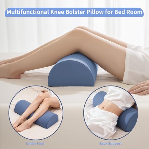 Knee Pillow for Back Sleeping - Half Moon Bolster Pillow for Legs - Cooling Under Knee Pillow for Sleeping on Back, Leg Support, Foot Elevation (Misty Blue) L-misty Blue Large
