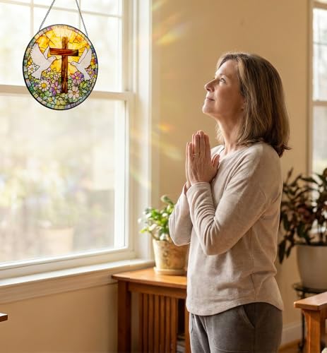 OrbitShell Stained Glass Cross Suncatcher - 8 Inch Peace Dove Window Hanging, Decorative Wall Crosses for Easter, Baptism, First Communion, Christmas, Religious Christian Gifts for Women, Mom, Grandma Cross & Dove