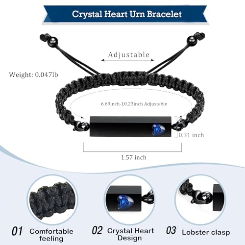 Hearbeingt Crystal Heart Cremation Jewelry Bar Urn Bracelet for Ashes Black-Blue stone