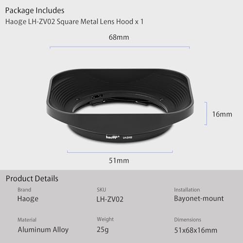 Haoge LH-ZV02 Square Metal Lens Hood for Carl Zeiss Biogon T* 2/35 35mm f2 ZM, C Biogon T* 2.8/35 35mm f2.8 ZM, Planar T* 2/50 50mm f2 ZM; Voigtlander NOKTON CLASSIC 35mm f1.4 VM, 40mm f1.4 VM as LH-6 [Square - Black]