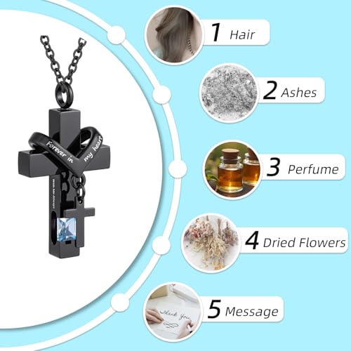 Cross Urn Necklace For Ashes Of Loved Ones With Birthstone - Forever in my heart - With Me Always Cremation Jewelry Keepsake Pendant Women Men Light Blue Stone