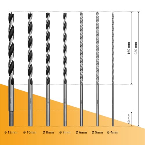 Wood Drill Bit Set 7-Piece HSS-G Auger Drill Bit Set | Wood drill bit long, diameter 4 mm, 5 mm, 6 mm, 7 mm, 8 mm, 10 mm, 12 mm x 230 mm 7-piece wood drill set