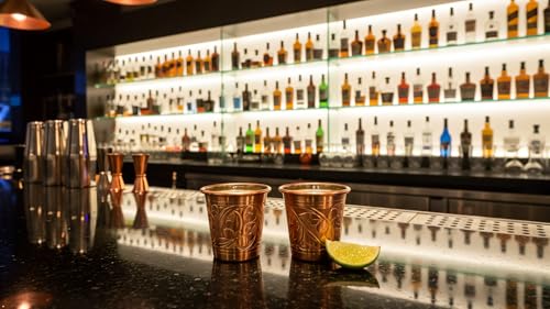 DEDE Copper - 2023 CC Series 2 oz (Set of 2) Tequila/Vodka Shot Glasses, Mini Moscow Mule Cup, Handmade Unlined Uncoated Thickest Pure Solid Copper mini Tumblers for Cocktails (Engraved Tulip) Engraved Tulip