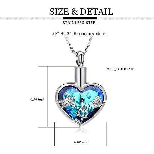 Yinplsmemory Sea Turtle Urn Necklaces for Ashes for Women Men Stainless Steel Crystal Heart Urn Locket Pendant Keepsake Memorial Cremation Jewelry Blue-silver