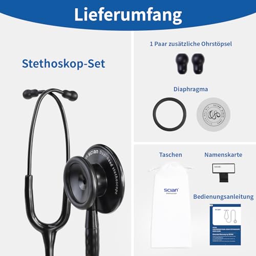 Scian Lightweight Stethoscope - Improved Sound Featherlight Satin Flex Tube for Clinics - Essential Equipment for Caregivers, Black