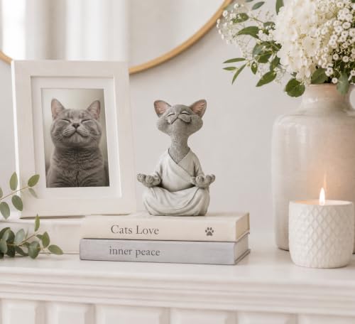 Meditating Happy Cat Statue – Zen Mindfulness Decor for Cat Lovers Gray