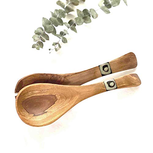 Global Crafts Small 8-inch Olive Wood Kenyan Salad Servers with Bone Inlay, Set of 2 (KWF009I)