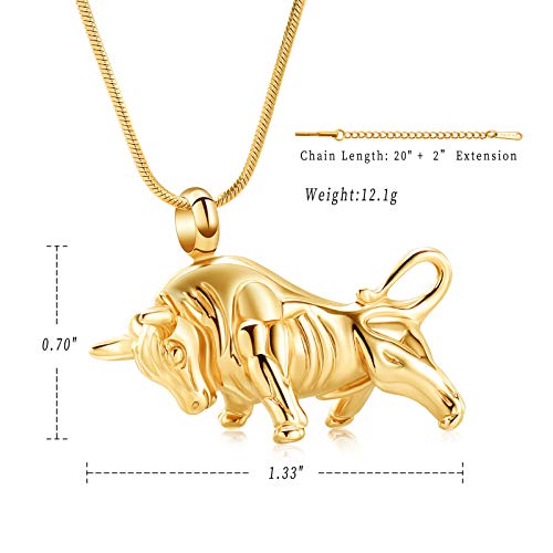 Bullfight Shaped Cremation Urn Necklace for Ashes Memorial Pendant Necklace for Men,Cremation Jewelry for Dog's Cat's Ashes Gold
