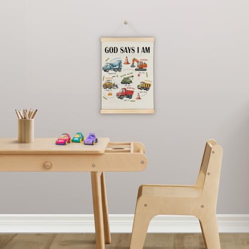 ATBWGT Christian Construction Wall Art Decor, Construction Room Decor for Boys, God Says I Am Bible Verses Poster Hanger Frame for Boys Bedroom Room Nursery Playroom, 12x16 Inch