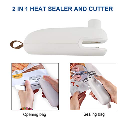 Mini Heat Sealer USB Bag Sealer Machine with Cutter High Security Handheld 2 in 1 Sealer Clips Portable Electric Rechargeable Quick Sealer for Plastic Bags Food Snack Fresh Bag Resealer White