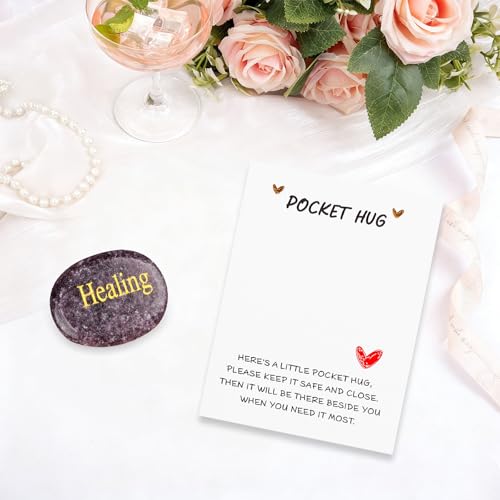 Pocket Hug Crystal Gifts, Amethyst Healing Crystals for Mindfulness, Thumb Stone Positive Affirmation Gifts for Women Men Friends, Good Luck Stone with Card