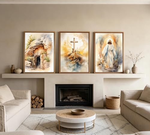 3Pcs Jesus Canvas Wall Art Bible Stories Wall Decor God Resurrection Ascension Painting Pictures Empty Tomb Cross Poster Prints for Bedroom Prayer Room Church Easter Home Decoration 16X24 16x24in