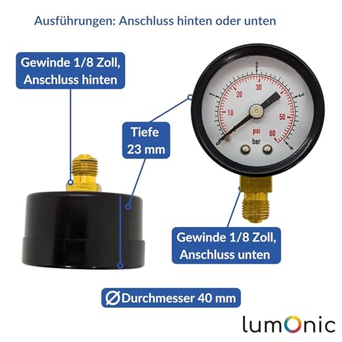 Lumonic I Pressure Gauge 0-16 Bar I 1/8 Inch I Class 2.5 I Rear Connection I Diameter 40 mm I Pressure Gauge I for Compressed Air and Water 0-16bar D40 mm/rear connection