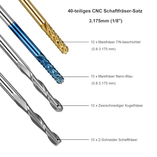 Twotrees 40-Piece CNC End Mill Set 3.175 mm (1/8 Inch) Shank | Carbide End Mill, Double-Edged Ball Mill, Two-Edged Spiral Mill & Corn Mill (Nano Blue & TiN Coated) Blue gold 3.175mm 1