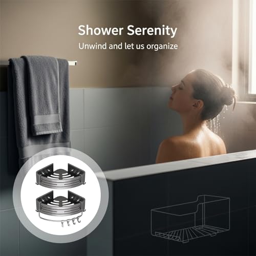 2-Tier Corner Shower Caddy, No Drilling Shower Organizer with Towel Bar and Hooks, 11.8x8.9x2.6 in Adhesive Shower Shelf, Rustproof Aluminum Bathroom Corner Storage