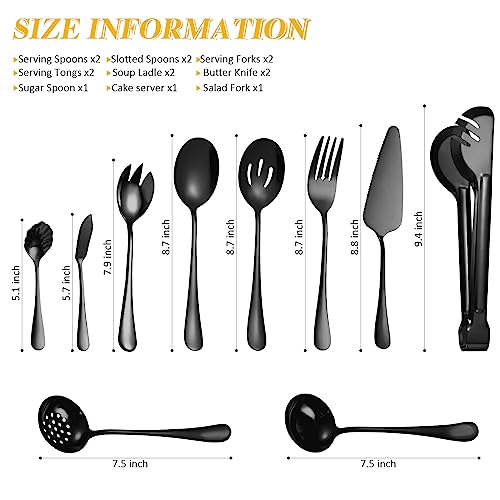 Black Buffet Catering Utensils - 15 Piece Set, Large Spoons, Slotted Spoons, Forks, Tongs, Soup Ladle, Pie Server, Dishwasher Safe 15pc/Black-S