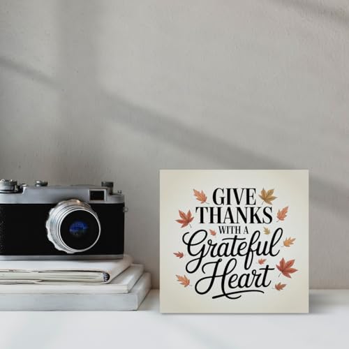 Thanksgiving Decor for Home, In Everything Give Thanks Maple Leaf Wooden Decor Sign, Home Office Desk Shelf Cubicle Decorations 5 x 5 inch