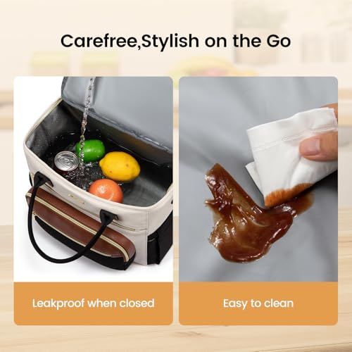 LOVEVOOK Insulated Lunch Box for Women,X Large Adult Lunch Cooler Bag Women Black with Off White with Brown X Large —18l