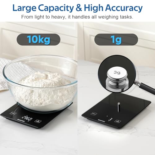 10kg Rechargeable Digital Kitchen Scale, IP67 Waterproof Food Scale with 1g Precision, USB Rechargeable, LED Display, Tempered Glass Surface, for Baking, Cooking, Making Sourdough Bread. Black