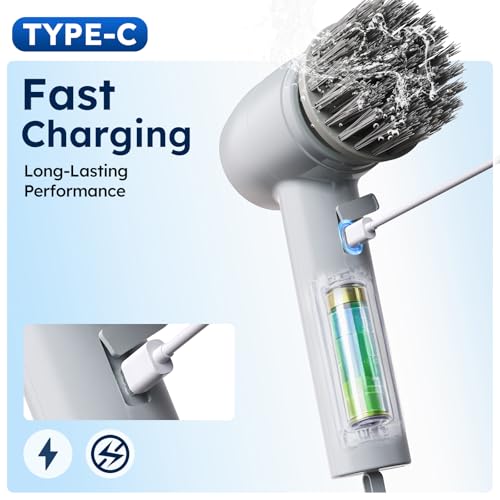 Electric Spin Scrubber Cordless, 5 In 1 Waterproof Cordless Electric Cleaning Brush with LED Display, Floor Scrubber With 2 Speeds 5 Brush Heads for Bathroom Tub Wall Kitchen Tile Car(Grey) Grey