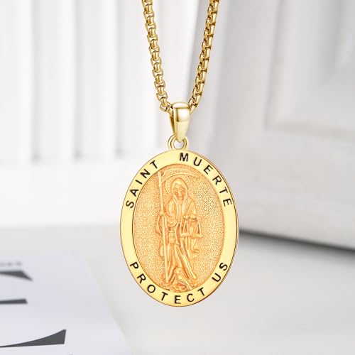 OHAYOO Santa Muerte Necklace for Men 925 Sterling Silver Grim Reaper Necklaces Santa Muerte Pendant Jewelry Gift for Women Gold Santa Muerte