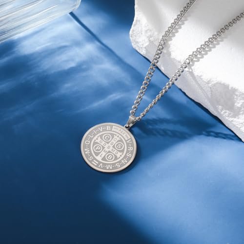 Amaxer Saint Benedict of Nursia Adjustable Necklace for Women Men Saints Medal Religious Protection Pendant Amulet Jewelry silver