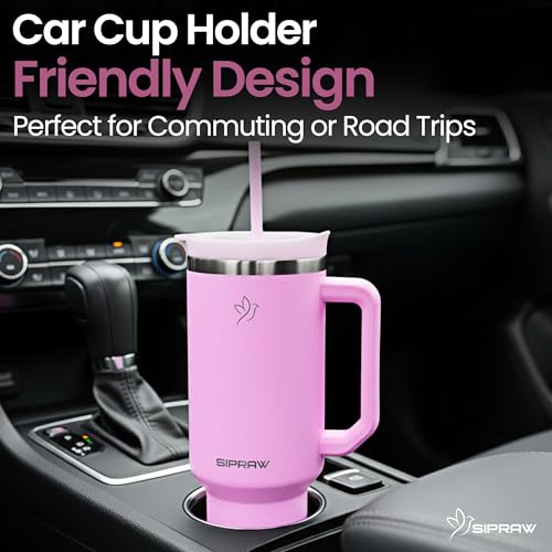 40oz Tumbler with Handle and Straw Insulated Stainless Steel Travel Mug Vacuum Double Wall Coffee Cup Leak Resistant Lid BPA-Free Cup Holder Friendly for Hot & Cold Drinks, Pink 40 Ounces