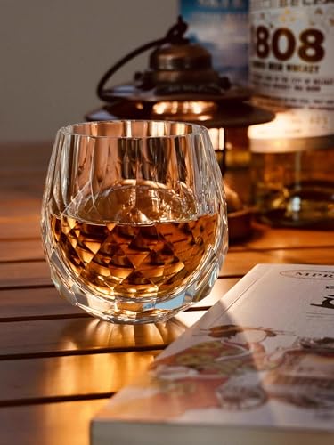 4oz Lead-Free Crystal Whiskey Glasses, Hand Cut Diamond Facet Old Fashioned Rocks Tumblers, Heavy Base Clear Bourbon Scotch Cocktail Glass for Bar Holiday Gift