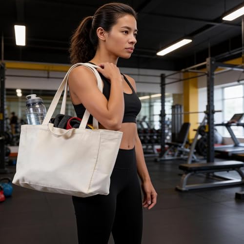 Canvas Grocery Bags Canvas Tote Bag with Long Shoulder Strap and Short Handle Heavy Duty, Foldable, Washable 10 Pack