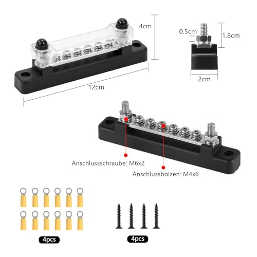 2 Sets Busbar 12V-48V DC 150A Busbar Power Distributor 12V with Cover, Bus Bar 12V with 6 M4 Screws, 2 M6 Bolts, 12V Distribution Block for Car, Truck, Motorhome, Yacht, Boat 6 M4 Bolts, 2 M6 Bolts