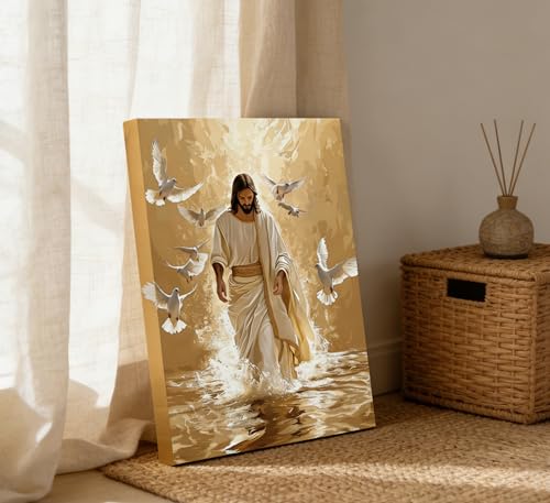 Jesus Walking on Water Christian Religious Canvas Wall Art 16x24 Inch Jesus and doves 24"L x 16"W