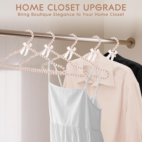 Beaded Clothes Hangers with Satin Bow – Set of 5, 15.7" Non-Slip Bead Hangers for Wedding Dresses, Boutique Display & Closet Decor – Champagne Gold