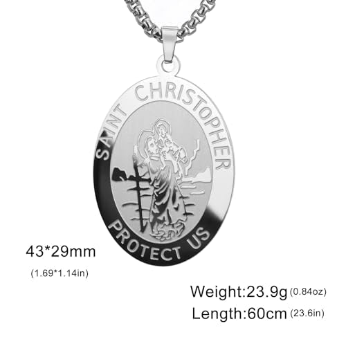 Amaxer Saint Christopher Necklace Saints Medal Religious Protection Amulet Stainless Steel Jewellery Pendant Box Chanin Necklace for Women Men (Silver)