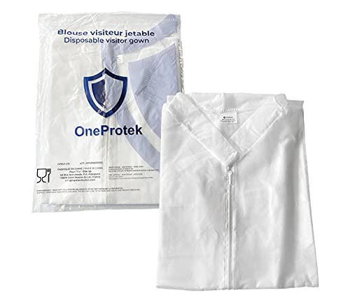 10 White Disposable OneProtek Protective Gowns - Zip and Long Sleeve Disposable Gown - One Size (105 cm) 1