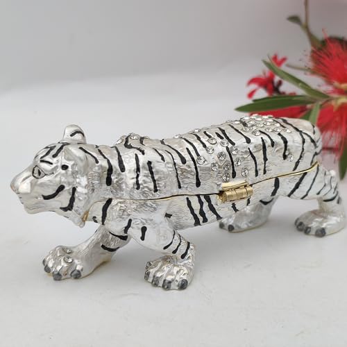 Enamel Tiger Jewelry Holder Ring Earring Trinket Box Hand Painted Tiger Ornamental For Home & Office Decor Gift For Family Friends White Tiger White