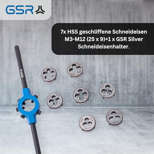GSR Professional die set, 8 pieces, M3-M12, HSS-G thread cutter for external thread, diameter 25 x 9 mm, with die holder, in metal case, for steel, metal, craft and industry