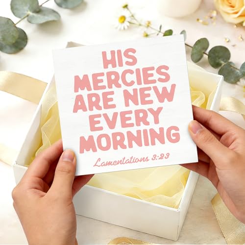 Pink Christian Wooden Box Sign 5x5 Inch, Christian Home Decor, His Mercies Are New Every Morning Bible Verse Religious Decorative Wood Signs for Home Office Desk Tabletop Shelf Decorations Wooden Box Sign E