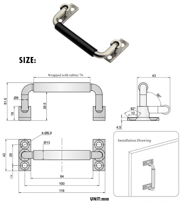 [Australia - AusPower] - 304 Stainless Steel Folding Pulls Cabinet Handle 90 Degrees Folding Pull Handle with Rubber and Bright Polishing,4'' Hole Center 4'' Hole Center with Rubber 