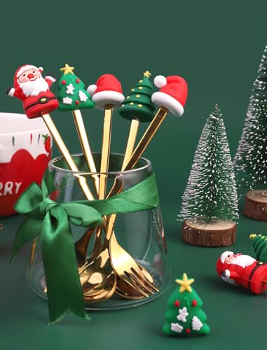 6 Pcs Christmas Man Premium Stainless Steel Forks and Spoons with Gift Box Set (Shining Golden - Pack of 6)