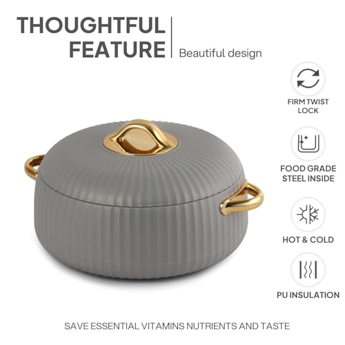 Insulated Stainless Steel Casserole with Airtight Lid, Hot Pot Food Warmer for Roti, Chapati, Rice, Biryani & Curry, Double Wall Thermal Serving Bowl Keeps Food Hot & Fresh for Hours(1250) ml Grey