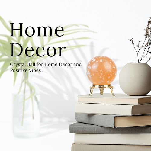 Crocon 45mm Orange Selenite Stone Sphere Ball with Metal Stand 1400+ Carats Gemstone Ball Healing Sphere Sculpture Figurine for Fengshui Divination Home Decoration Photography Crystal Sphere