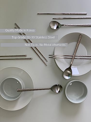 Korean Made Silver Glossy Hammered Stainless Steel Korean Spoon & Chopstick SET Gift for Mom Stocking Stuffer(4SET) 4SET
