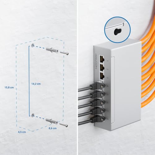 deleyCON CAT 6 Patch Panel Distribution Panel 8 Port 1 HE RJ45 - Light Grey | Desktop & wall mounting, shielded, 8x RJ45 socket, LAN network installation cable, TIA568A TIA568B, RAL 7035 Grey (RAL 7035 light grey)