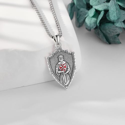 URONE Crusaders Templar Knights Necklace 925 Sterling Silver Armor of God Amulet Shield Pendant Protection Catholic Faith Jewelry Gifts for Men Women