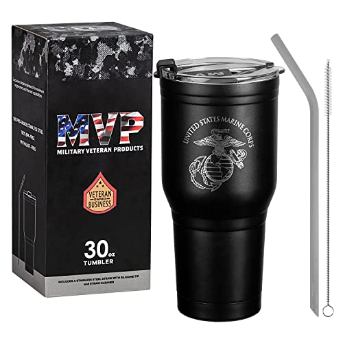 Military Gift Shop USMC 30 oz Tumbler with Handle – Stainless Steel Marine Corps Coffee Travel Mug, Double Wall Insulated with Lid & Straw 30 Ounces