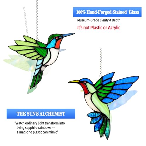 2 Pcs Hummingbird Stained Glass Window Hanging Suncatchers,Gifts for Women