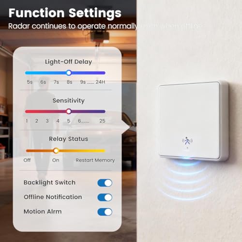 Motion Sensor Flush-Mounted WLAN Smart Light Switch Two in One 120° 5 m 10G mmWave Radar Motion Sensor Compatible with Alexa, Google Home, Precise Detection, Double 1Way, Black