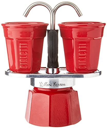 Bialetti - Mini Express Color: Moka Set includes Coffee Maker 2-Cup (2.8 Oz) + 2 shot glasses, Red, Aluminium Modern