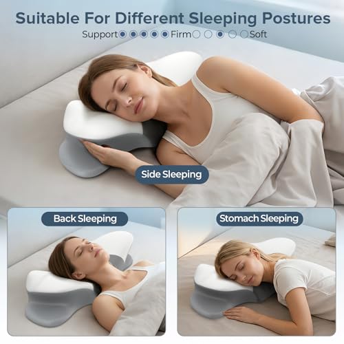 Cervical Neck Pillow for Pain Relief, Ergonomic Side Sleeper Pillow for Sleeping, Orthopedic Neck Support Contour Memory Foam Pillow for Side Back Stomach Sleepers, Ideal for Office Travel Grey&white