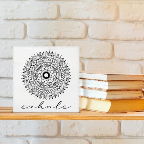Zen Decor, Spiritual Decor, Exhale Mandala Wood Sign Home Office Meditation Room Bedroom Yoga Room Table Shelf Wall Desk Decoration 5×5 Inches